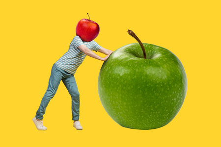 Sketch image composite artwork vertical collage of vibrant color backdrop incognito headless man hand hold pull huge apple fruit hungryの写真素材