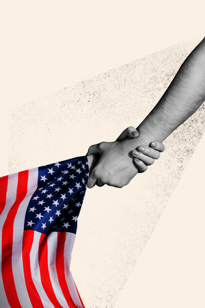 Vertical collage handshake body fragments unity usa flag freedom national holiday independence day celebration patriotism help unityの写真素材