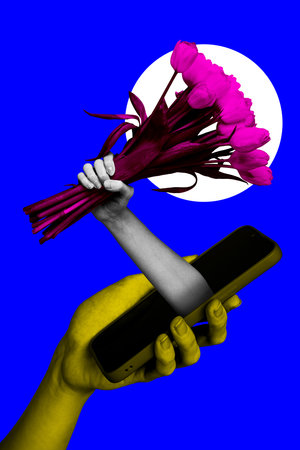 Sketch image composite artwork vertical collage of vibrant color backdrop incognito hand hold flower tulip bouquet appear phone displayの写真素材