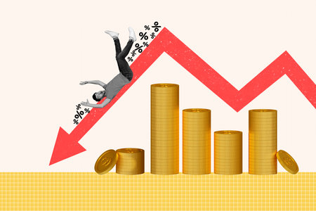 Creative collage picture young man falling down arrow economy inflation golden coins stack percent rate drawing backgroundの写真素材