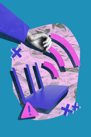Sketch image composite artwork 3D photo collage of router modem internet global connection hand hold antenna wifi 4g 5g forbidden contactの写真素材