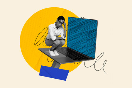 Composite photo collage of upset american girl secretary sit on a laptop keyboard break office device problem isolated on painted backgroundの写真素材