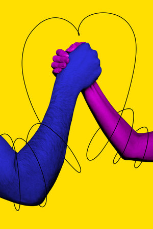 Collage image artwork of two hands touch strong together team power concept isolated on creative...