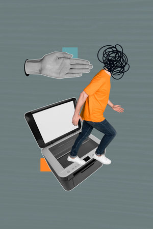 Collage 3d pinup pop retro sketch image of puzzled guy doing printer photo copies isolated grey...