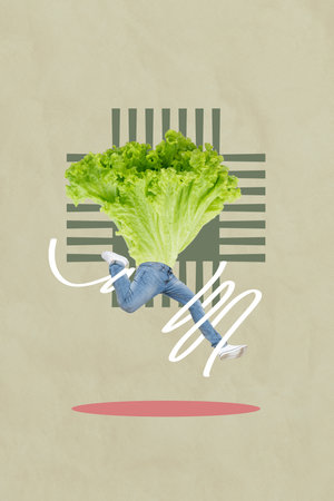 Exclusive magazine picture sketch collage image of salad leaf jumping guy legs isolated creative backgroundの写真素材