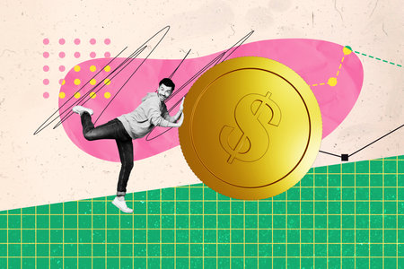 Composite photo collage of happy man push huge coin dollar currency finance income earnings salary progress isolated on painted backgroundの写真素材