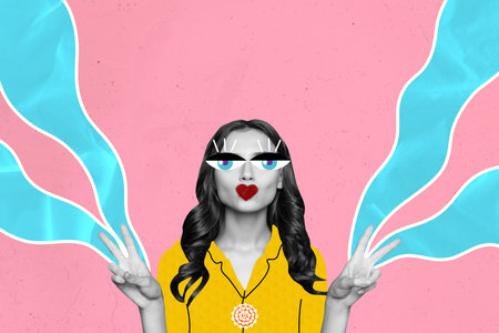 3D photo collage composite trend artwork sketch image of black white silhouette fashion style lady grimace makeup show gesture hi two fingersの写真素材