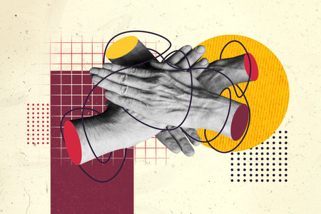 Composite photo collage of people arms put together teamwork support team building business deal isolated on painted backgroundの写真素材