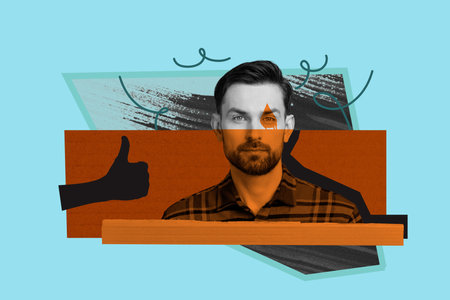 Composite photo collage of serious young man candidate pose election hand show thumb up recommend vote isolated on painted backgroundの写真素材