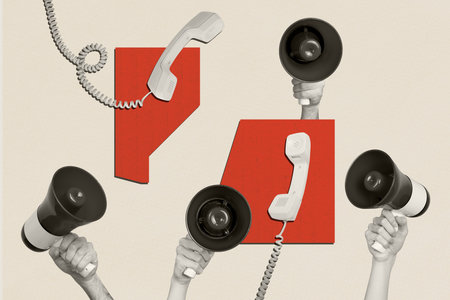 Photo collage artwork composite image of silhouette hand hold loudspeaker appear talk loud voice proclaim landline phone line help serviceの写真素材