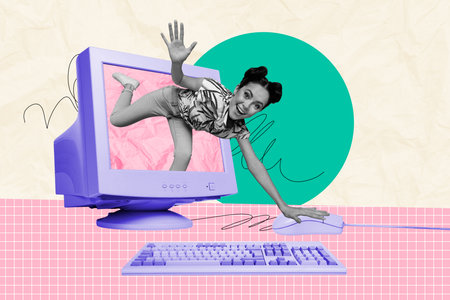 Composite photo collage of happy girl peek computer monitor screen hold mouse office tool freelance work isolated on painted backgroundの写真素材