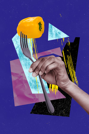 Vertical photo collage of human hand hold fork prick sweet yellow pepper vegetable detox diet nutrition isolated on painted backgroundの写真素材