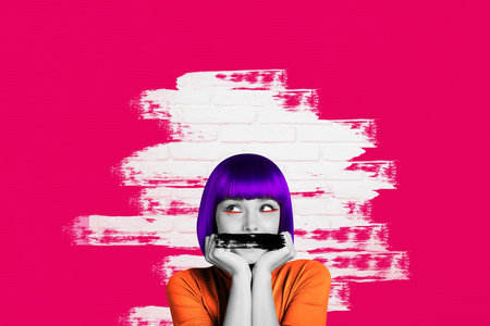 Composite trend artwork sketch 3D photo collage of brick wall paint color person lady portrait hairstyle hairdo cover mouth keep silenceの写真素材