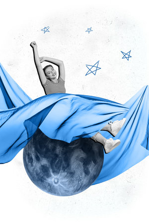 Composite trend artwork sketch collage of space sky moonlight young lady wear pajama lying on full moon cover leg fabric stretching asleepの写真素材