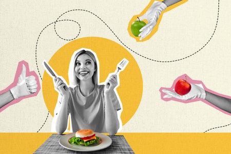 Trend artwork composite sketch image 3D photo collage of young lady break up diet eat burger hands hold apple propose healthy foodの写真素材