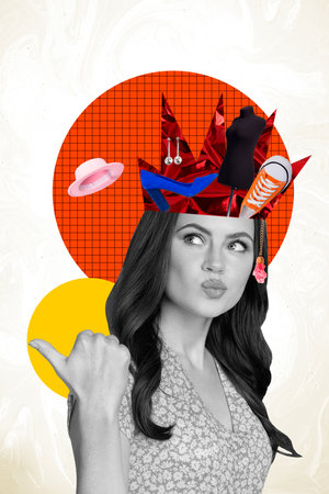 Vertical collage picture young woman half head cutout sneakers shoes clothes outfit cap summer hat checkered background thumb dislikeの写真素材