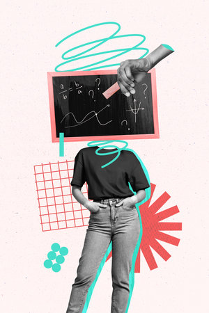 Vertical picture collage headless standing woman lecturer teacher academic knowledge day math class...