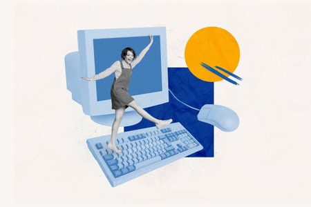 Composite artwork collage of blue color old computer monitor retro technology wire mouse young lady...