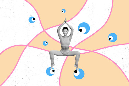 Composite trend collage of young woman keep balance stand on foot finger asana yoga practice meditation zen relax cartoon eyes spy lookの写真素材