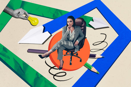 Photo collage composite of beige background vibrant color elements business woman armchair office supplies pencil paper flight lamp ideaの写真素材