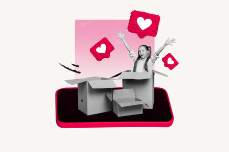 Composite artwork collage of smartphone heart icon notification fly around young preteen school girl...