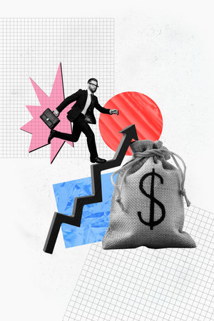 Composite trend artwork image 3D photo collage of black white young businessman confident run on arrow growth big bag money dollar usdの写真素材
