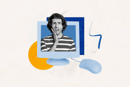 Composite artwork collage of blue color old computer monitor retro technology wire mouse young man...