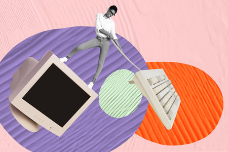 Sketch image trend artwork composite photo collage of office workspace huge computer display levitate remote young woman pull keyboardの写真素材