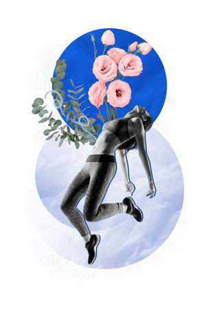 Trend artwork sketch 3D collage of black white silhouette young lady sportswoman jump up exercise fitness spring season flower plantの写真素材