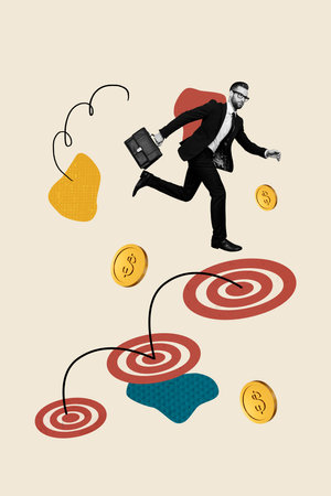Vertical picture collage young running businessman formalwear trader forex market success cryptocurrency drawing backgroundの写真素材