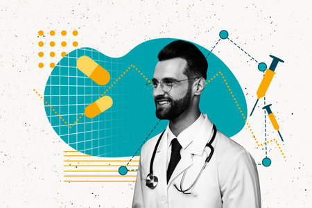 Composite photo collage of happy man doctor covid prevention treatment pills vaccination syringe protect isolated on painted backgroundの写真素材