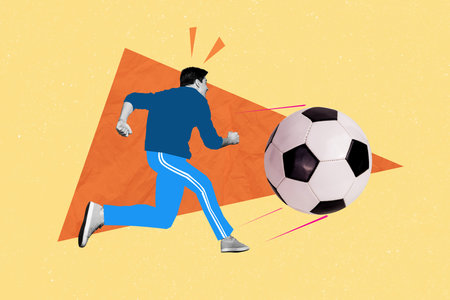 Creative collage illustration of professional sportsman shoot huge ball playing football game isolated on beige color backgroundの写真素材