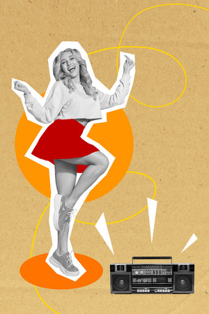 Composite trend sketch image photo collage of nightclub dance party retro music play silhouette young woman sexy moving boombox playerの写真素材