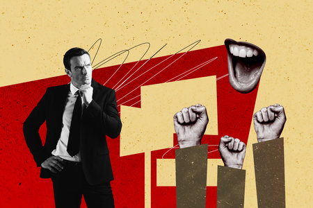 Composite photo collage of serious man present wear formal suit hand fist forward election picket mouth isolated on painted backgroundの写真素材
