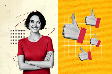 Creative collage image young cheerful pretty smiling woman thumb up approval accept feedback reaction okay drawing backgroundの写真素材