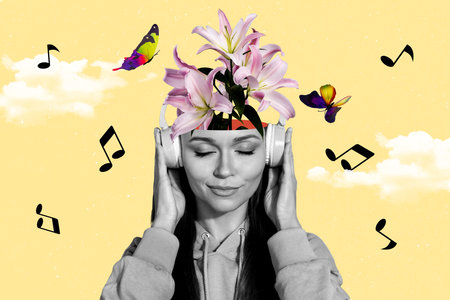 Trend artwork sketch image 3D photo collage of young lady keep calm meditate zen ohands hold on earphones listen music spring season butterflyの写真素材