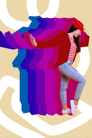 Trend artwork composite sketch 3D photo collage of retro nightclub listen play music aged happy man wear hat suit jump funky dance moveの写真素材