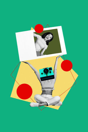 Composite sketch image artwork photo collage of young headless lady wear vintage photocamera instead hold in hand shooting pictureの写真素材
