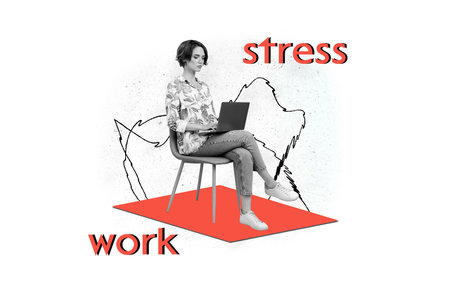 Creative abstract template collage of young female stress work sit office deadline tired unusual fantasy billboard comics zineの写真素材