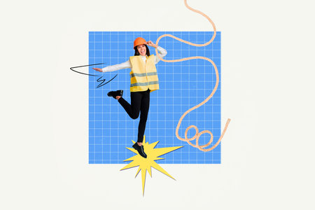 Sketch image trend artwork photo collage of young woman service worker builder contractor wear uniform headwear doodle draw model posingの写真素材