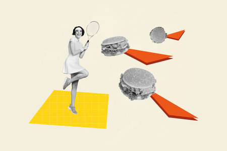 Photo collage trend artwork composite sketch image of silhouette sports woman play tennis model posing hold racket bit burger eat dietingの写真素材