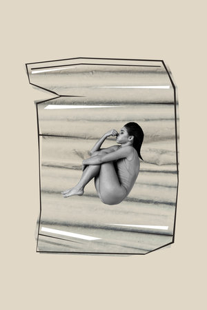 Sketch composite artwork vertical collage of beige color backdrop summer vacation rest resort young lady dive deep under water keep breathの写真素材