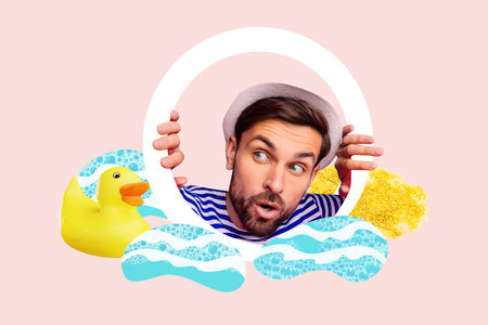 Composite photo collage of cunning guy peek circle lifebuoy duck toy ocean resort beach summertime trip isolated on painted backgroundの写真素材