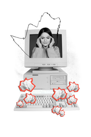 Creative abstract template collage of stressed young female deadline worker computer monitor unusual...