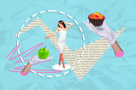 Artwork composite collage of blue color doodle line draw silhouette model young woman keep diet apple choice hand offer cupcake bakeryの写真素材