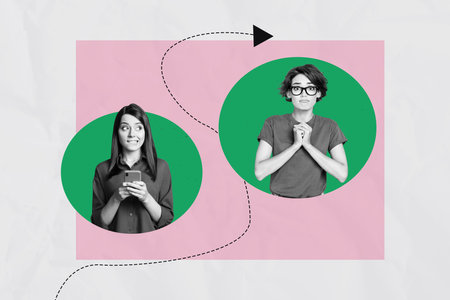 Composite photo collage of two dissatisfied girls one hold a smartphone send wrong message arrow...