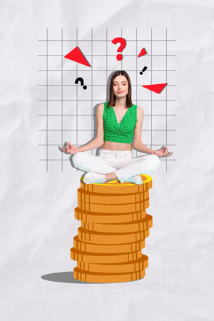 Artwork magazine collage picture of dreamy lady thinking earning money isolated drawing backgroundの写真素材