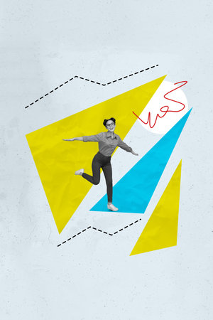 Trend artwork composite sketch photo collage of geometric elements workspace arrow direction high young woman run plane pose spread handsの写真素材