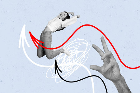 Composite trend artwork sketch image photo collage of blue backdrop paint arrow show direction way huge hand throw away woman fly freeの写真素材