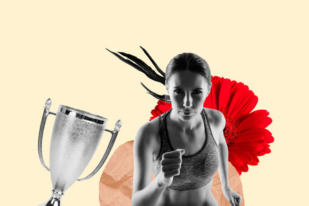 Composite artwork 3D sketch image photo collage of black white figure young lady sportswoman workout run move point win trophy flowerの写真素材